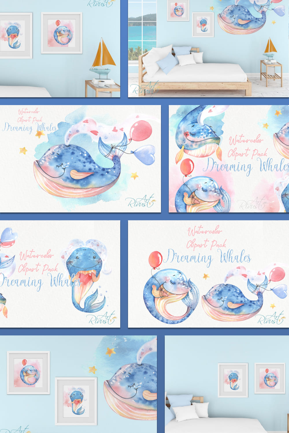 cute baby whales watercolor clipart kit.