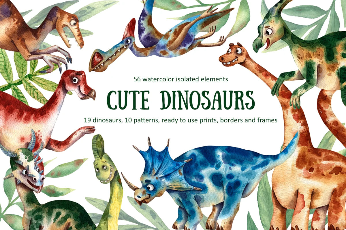 Cute Dinosaurs - Watercolor Clip Art facebook image.
