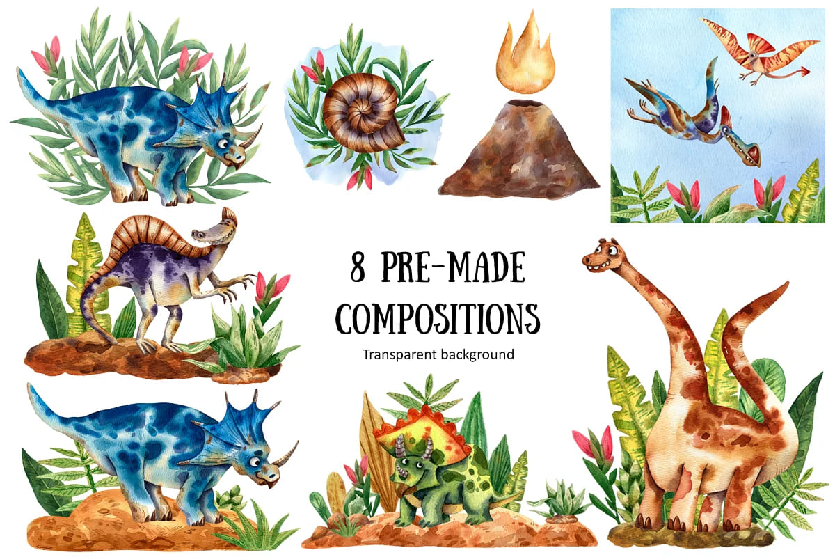 cute dinosaur set, compositions.