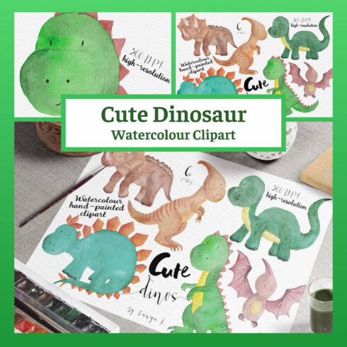 Cute Dinosaur Watercolour Clipart Pack cover image.