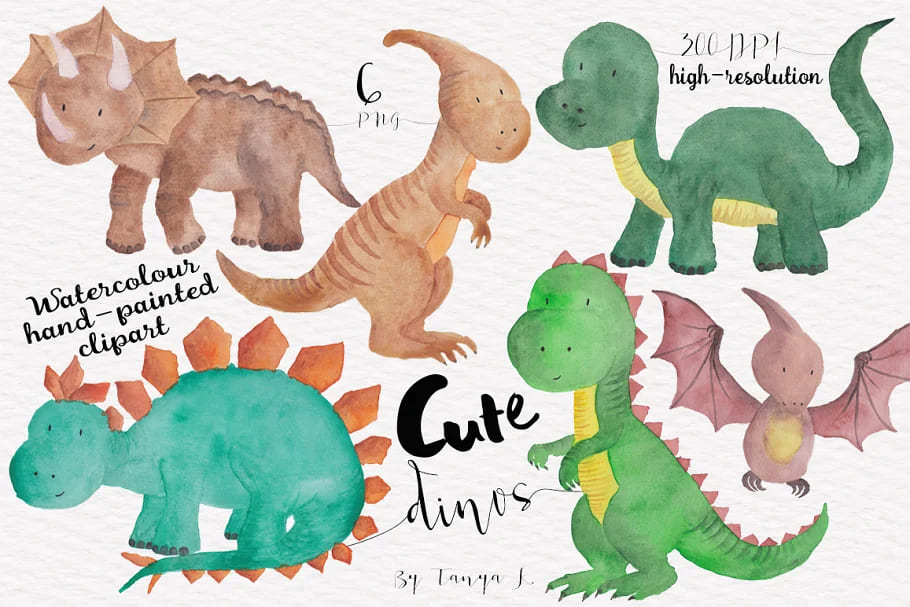 cute dinosaur watercolour graphics set.