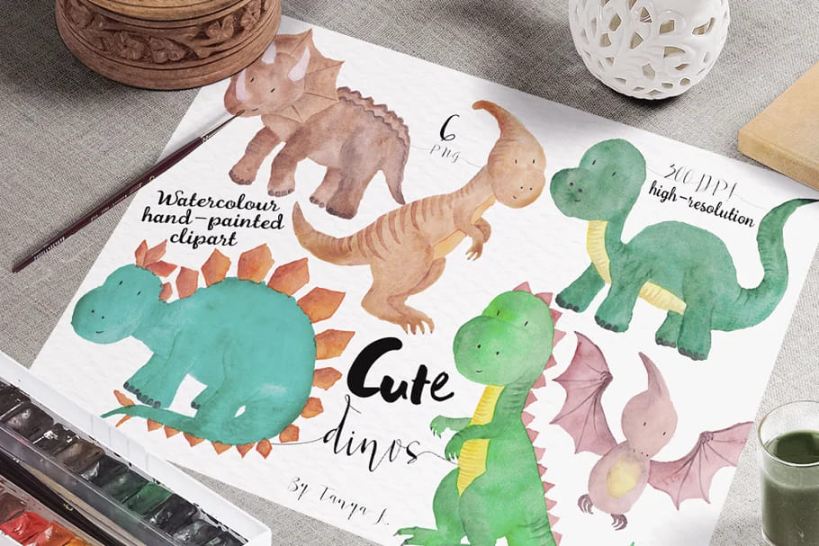 cute dinosaur watercolour illustrations set.