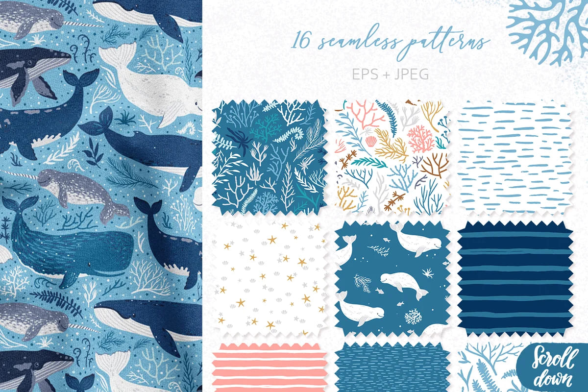 cute whales seamless patterns.