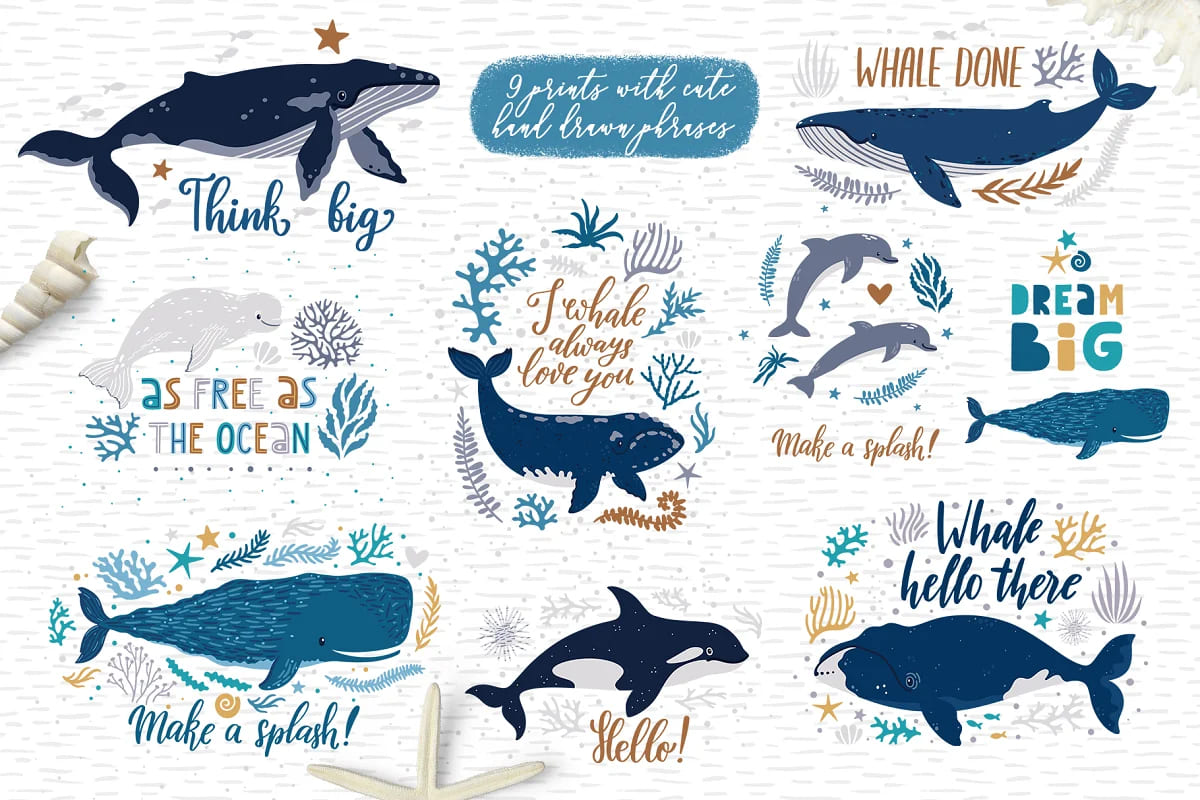 cute whales print with phrases.
