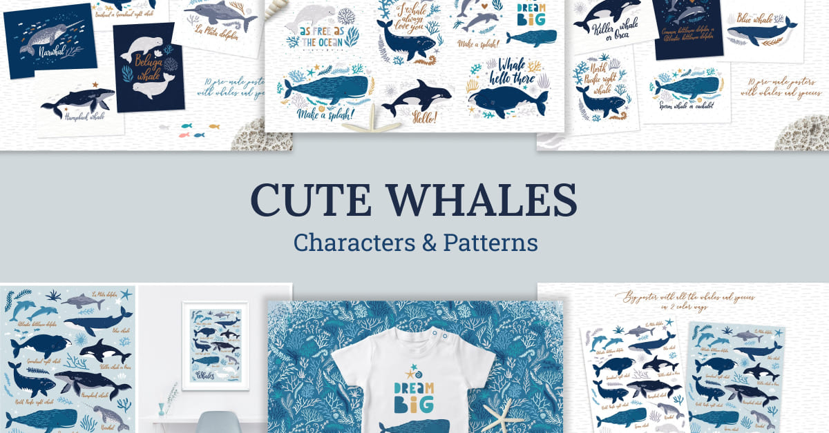 cute whales. characters patterns.
