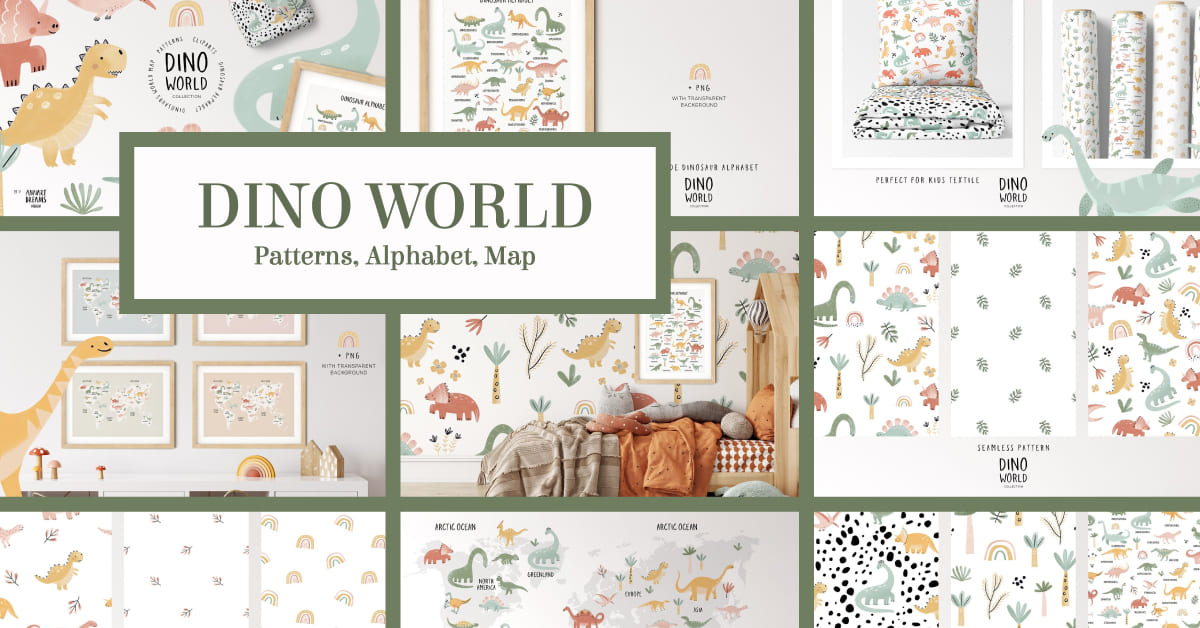 dino world. patterns alphabet map collection.