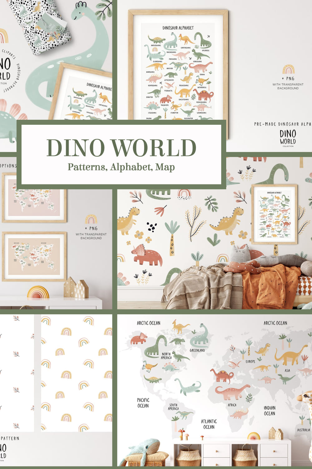 dino world. patterns alphabet map set.