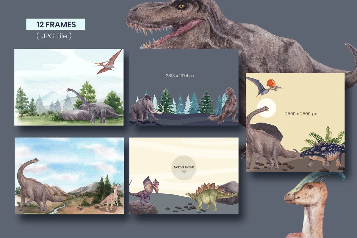 dinosaur jurassic world watercolor frames.