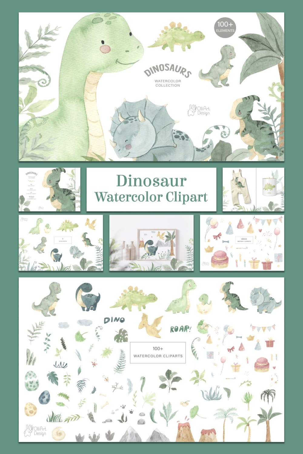 dinosaur watercolor clipart collection.