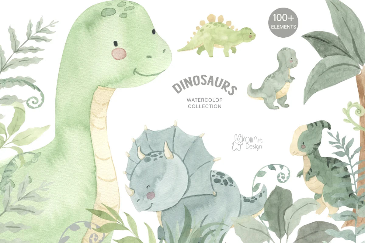 dinosaur watercolor illustrations collection.