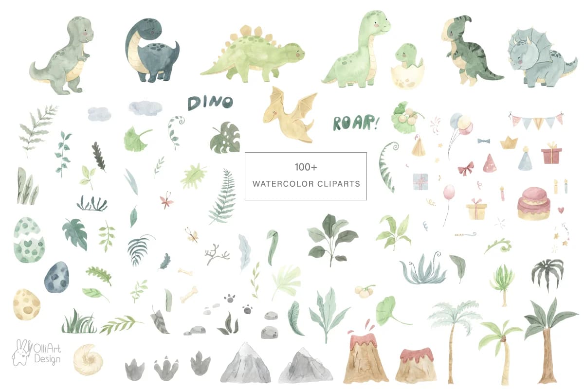 dinosaur watercolor illustrations pack.
