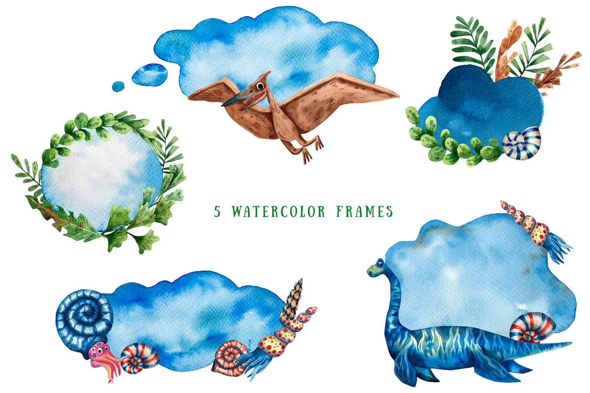 dinosaurs and friends watercolor frames.