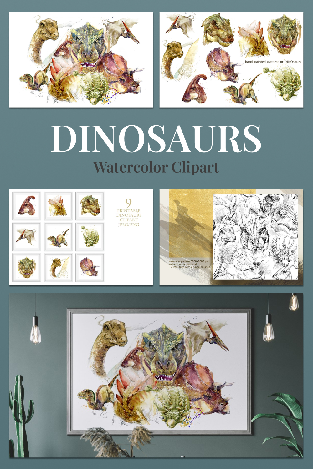 dinosaurs watercolor clipart set.
