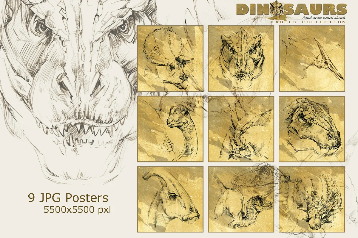 dinosaurs watercolor hand drawn pencil posters.