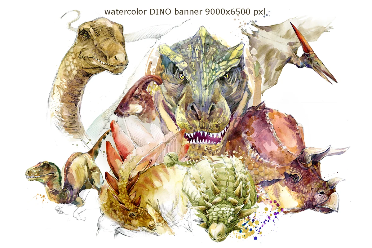 dinosaurs watercolor clipart dino banner.