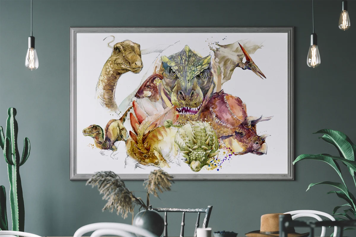 dinosaurs watercolor clipart wall poster design mockup.