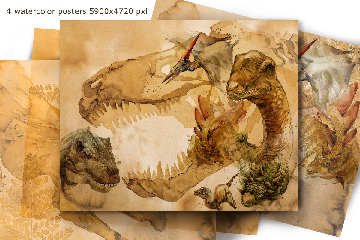 dinosaurs watercolor clipart posters.