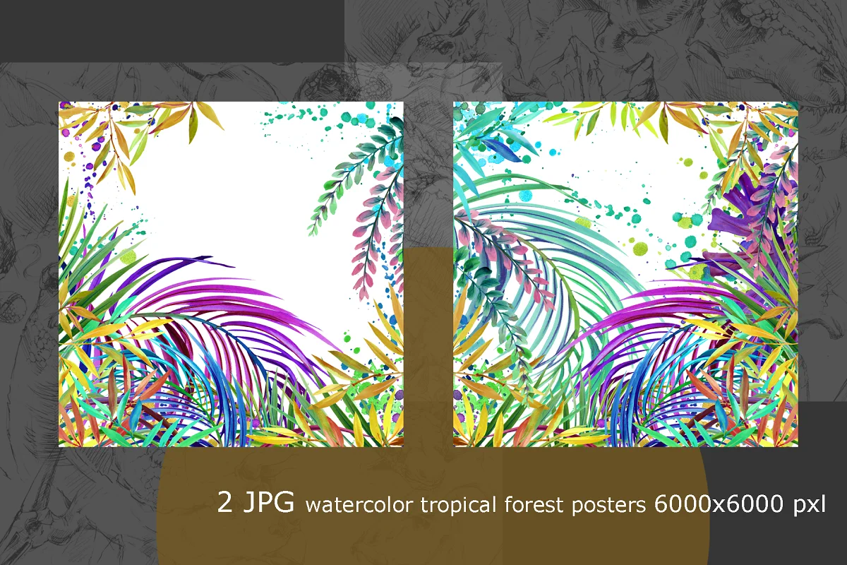 dinosaurs watercolor tropical forest posters.
