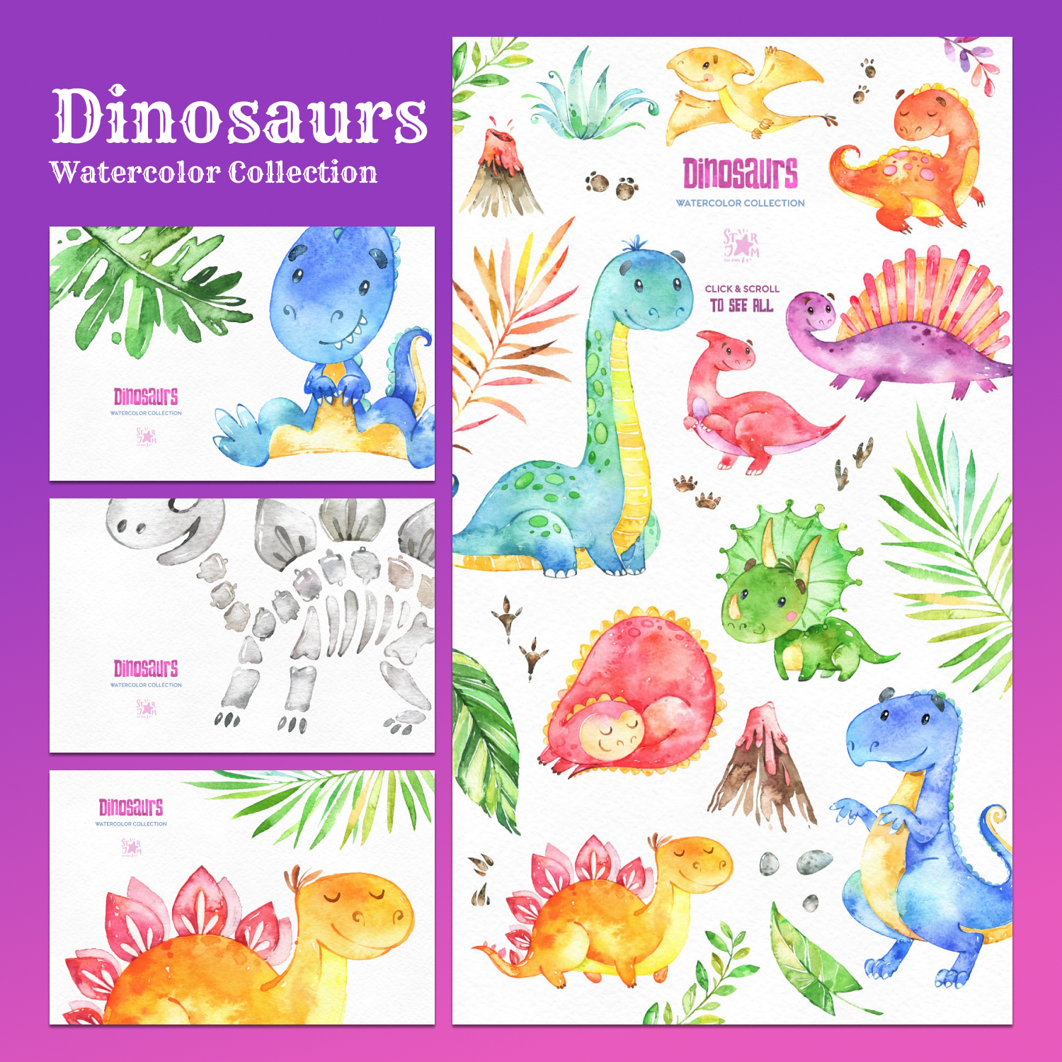 Dinosaurs Watercolor Hand Drawn Collection cover image.
