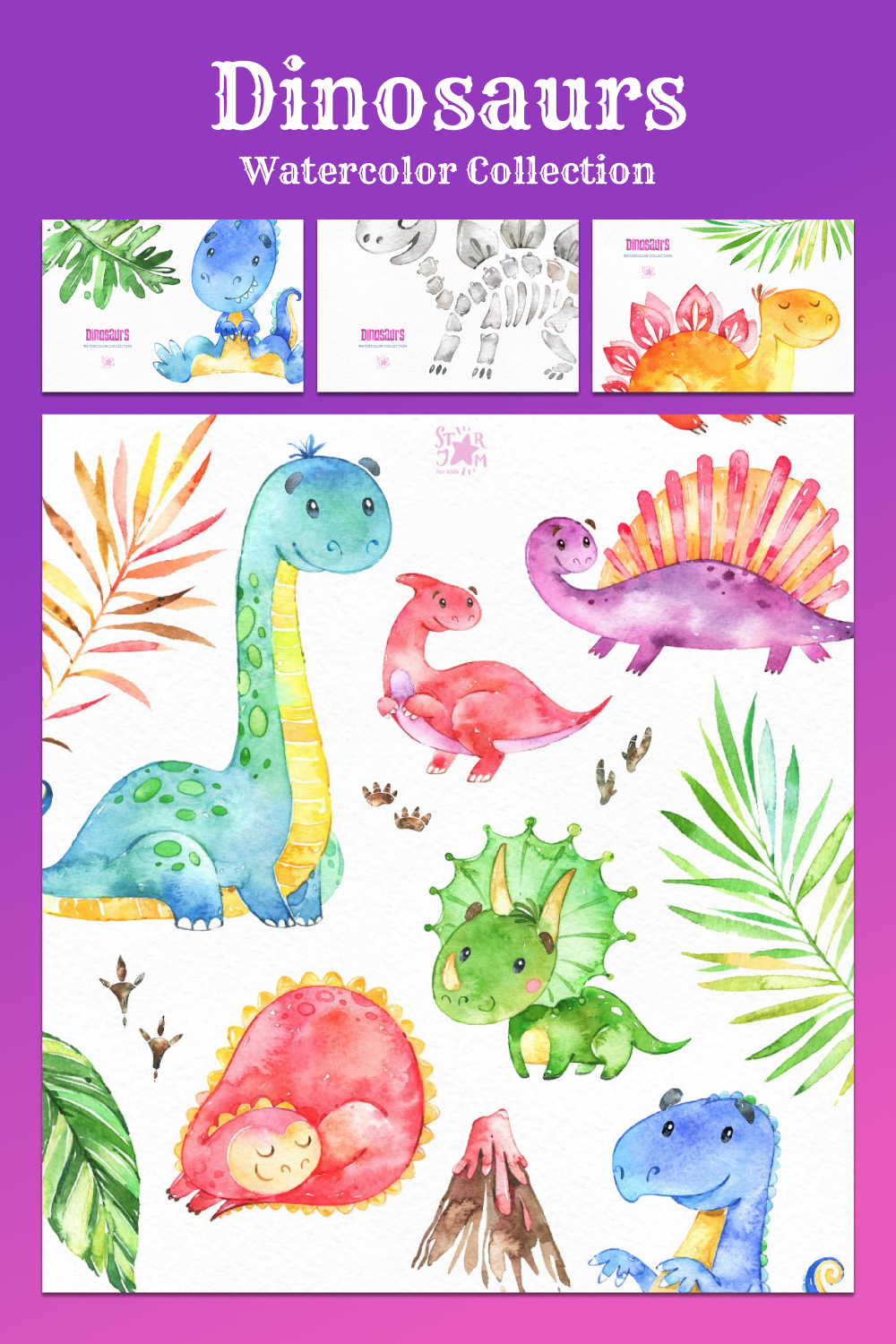 dinosaurs. watercolor illustrations collection.