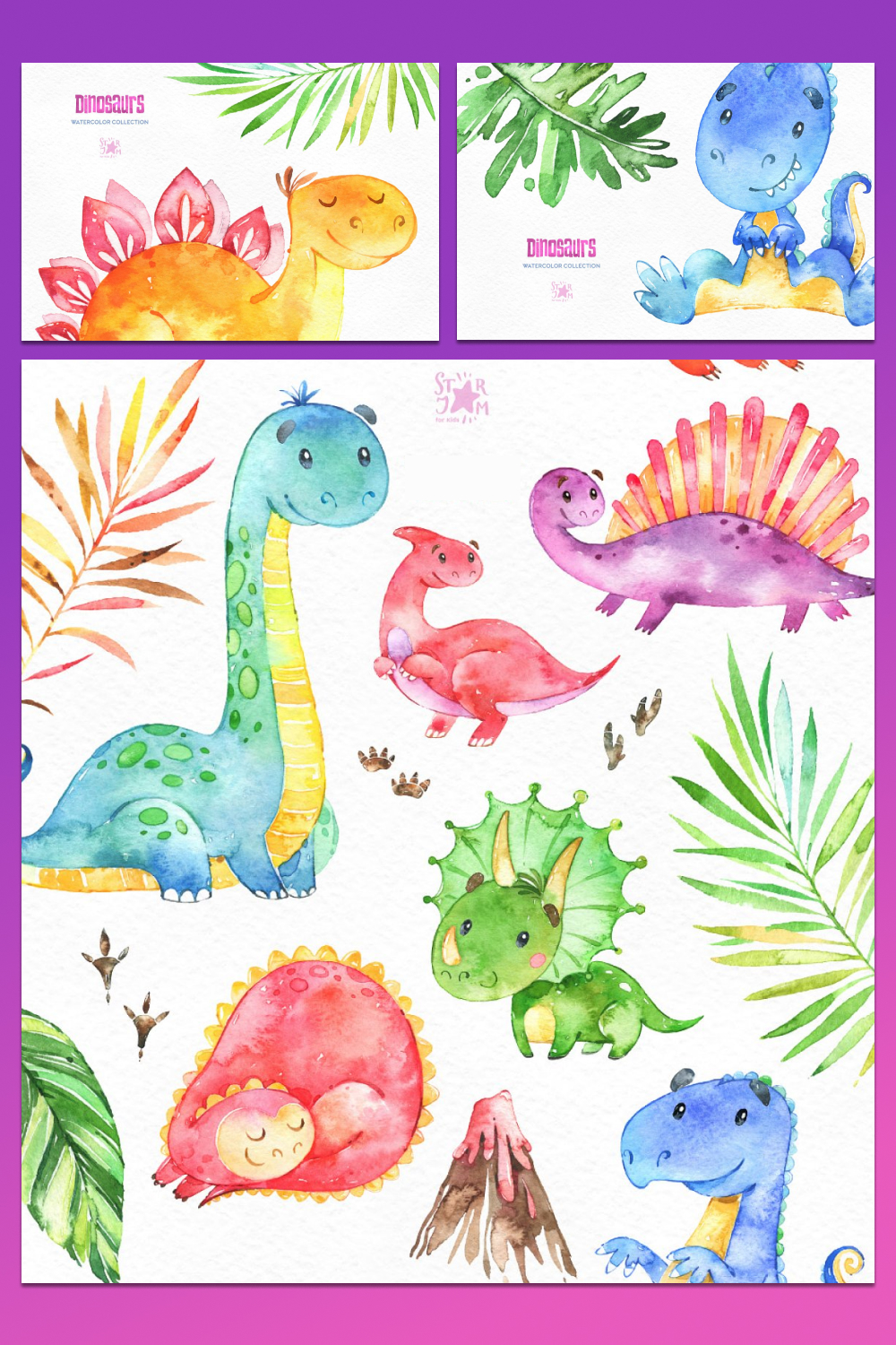 dinosaurs. watercolor clipart collection.