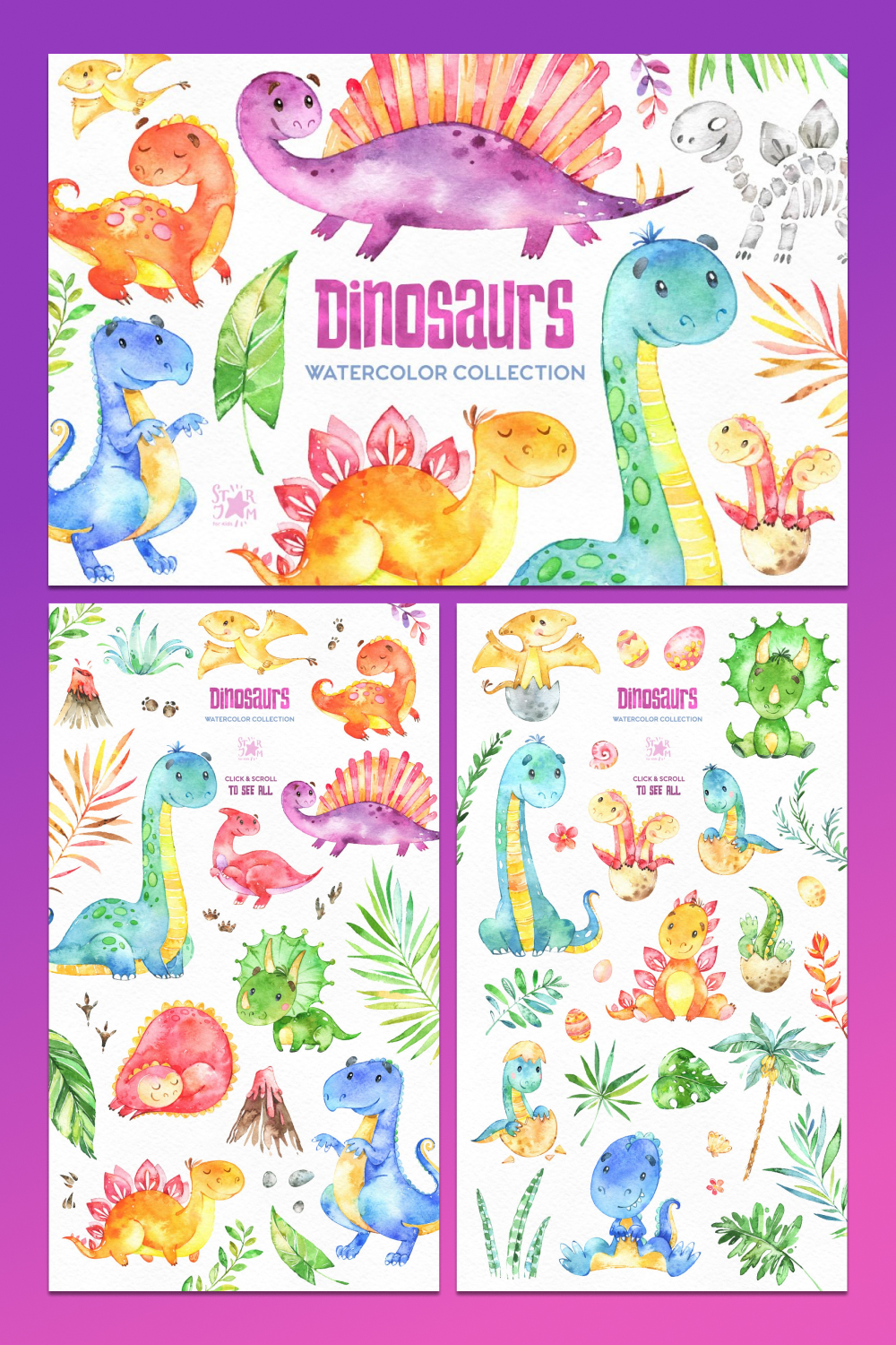 dinosaurs. watercolor graphics set.