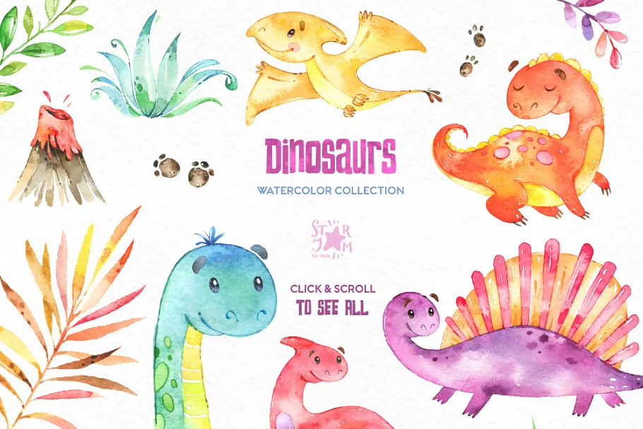 dinosaurs. watercolor graphics pack.