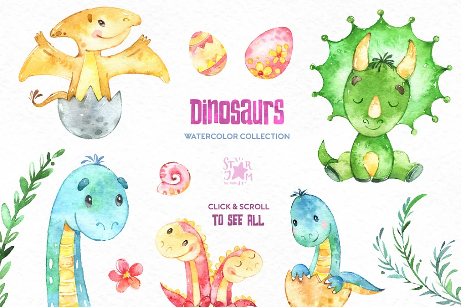 dinosaurs. watercolor collection of designs.