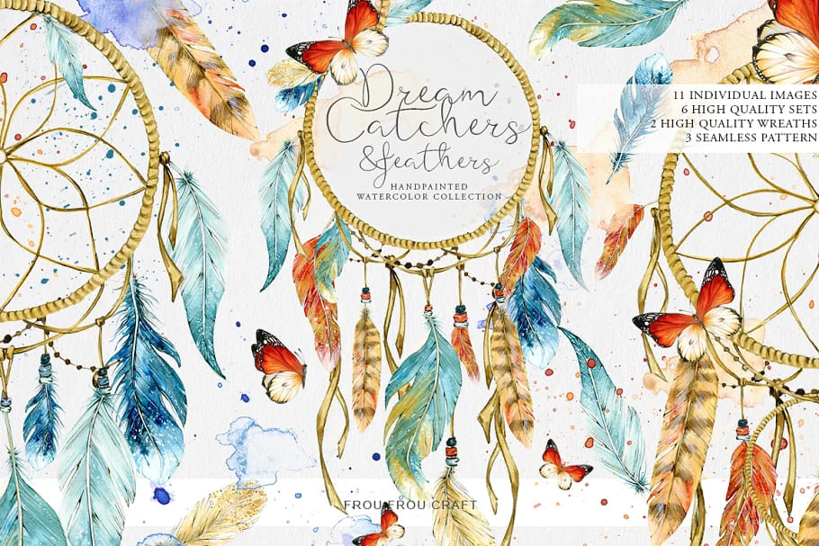 dreamcatchers and feathers hand drawn graphics.
