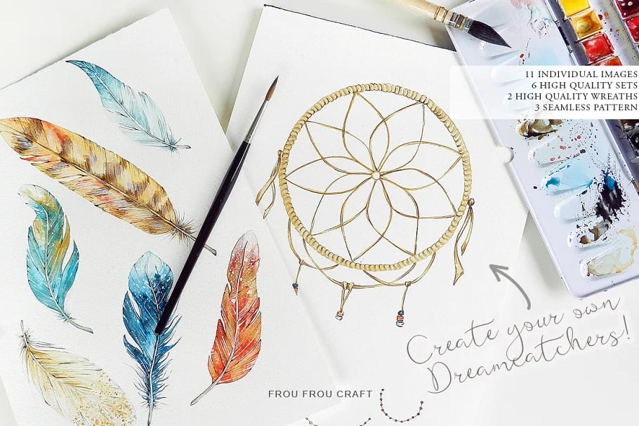 dreamcatchers and feathers hand drawn illustrations set.