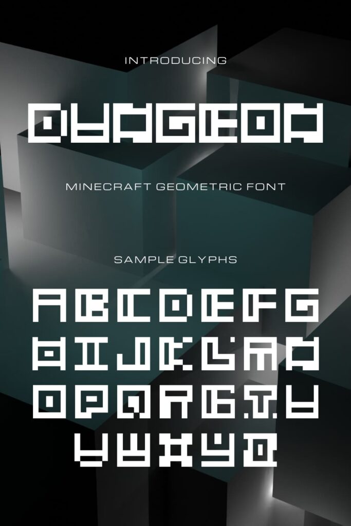 MasterBundles Dungeon minecraft geometric font Pinterest with sample glyphs.