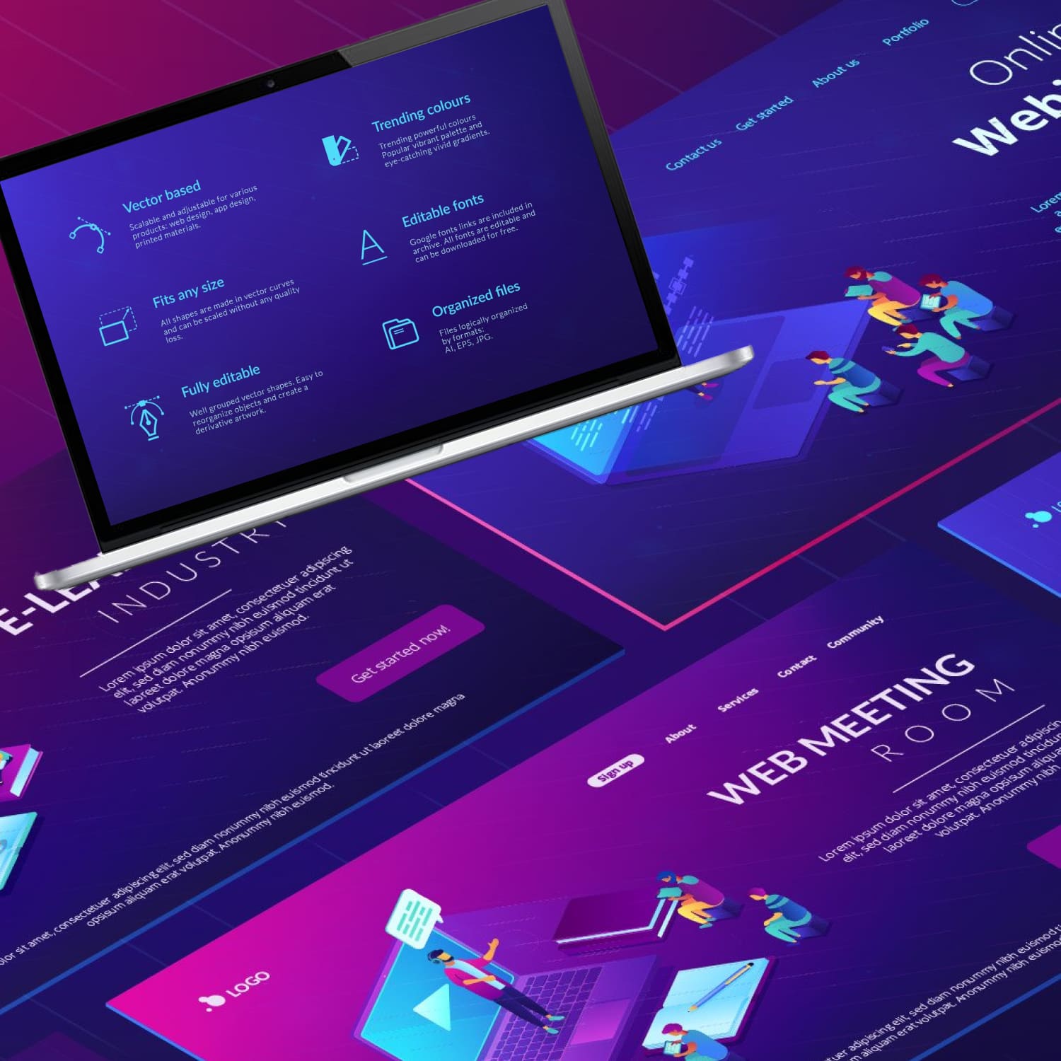 education isometric landing pages, trendy powerful colours.