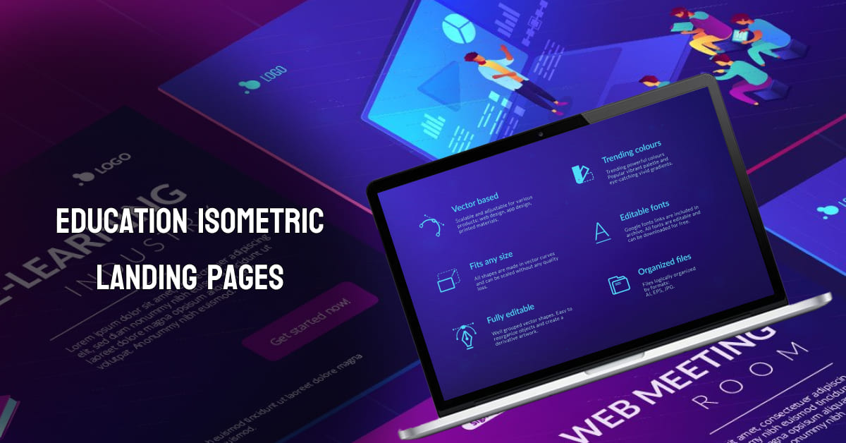 education isometric landing pages, editable fonts.