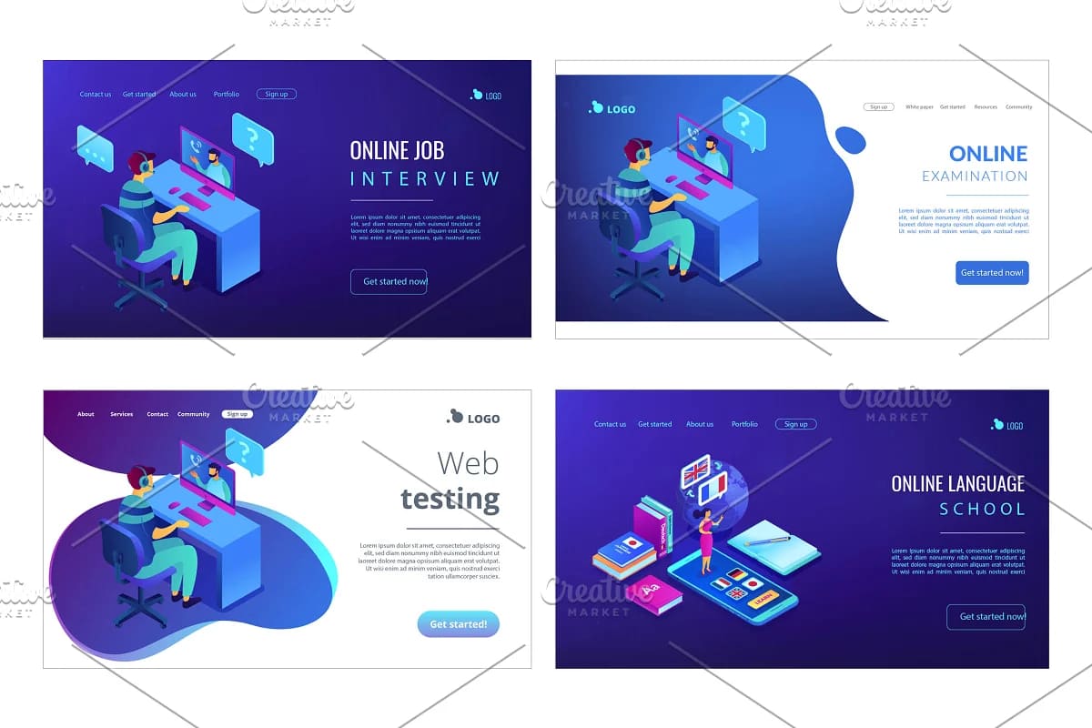 education isometric landing pages with scalable and adjustable images.