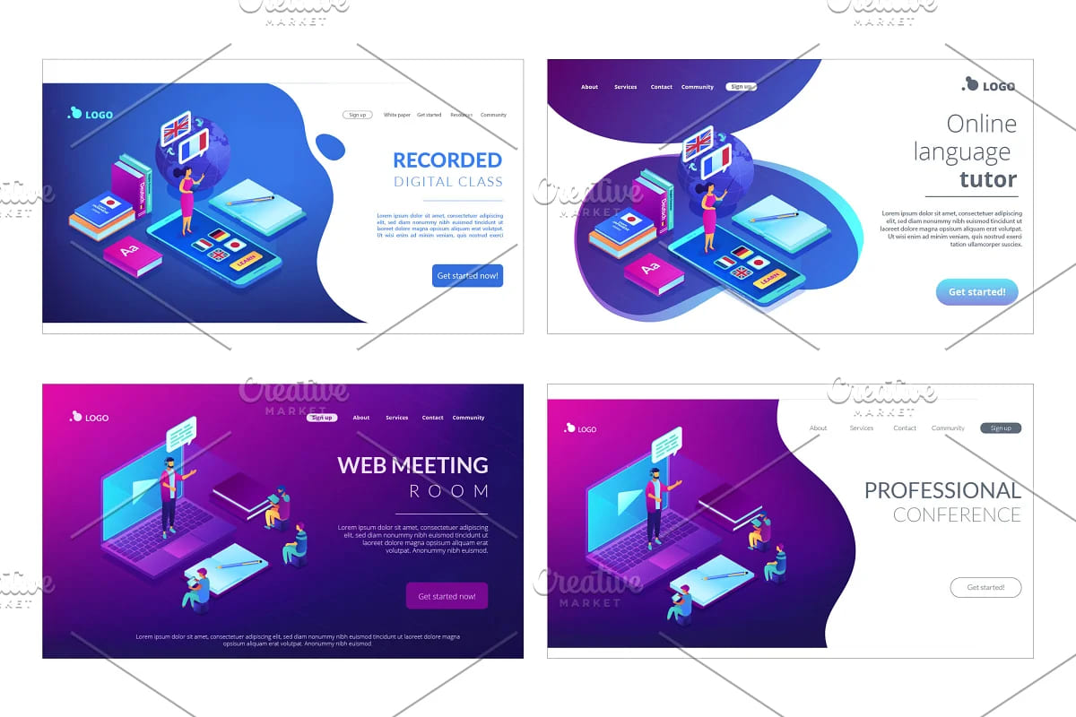 education isometric landing pages for various products.