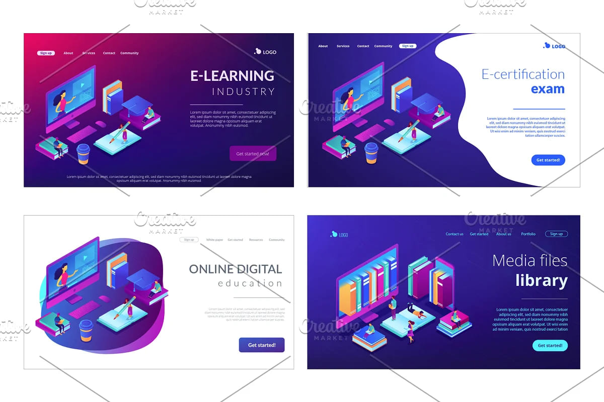 education isometric landing pages Fully editable.