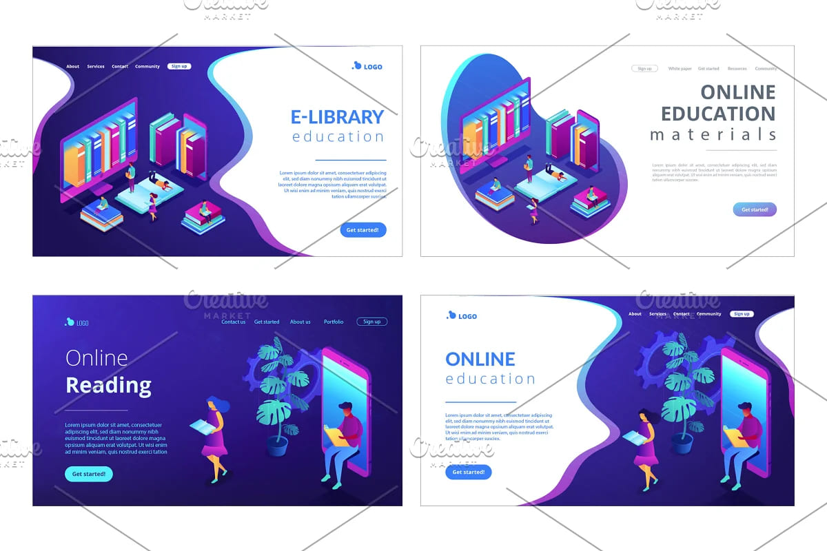 education isometric landing pages, well grouped vector shapes.