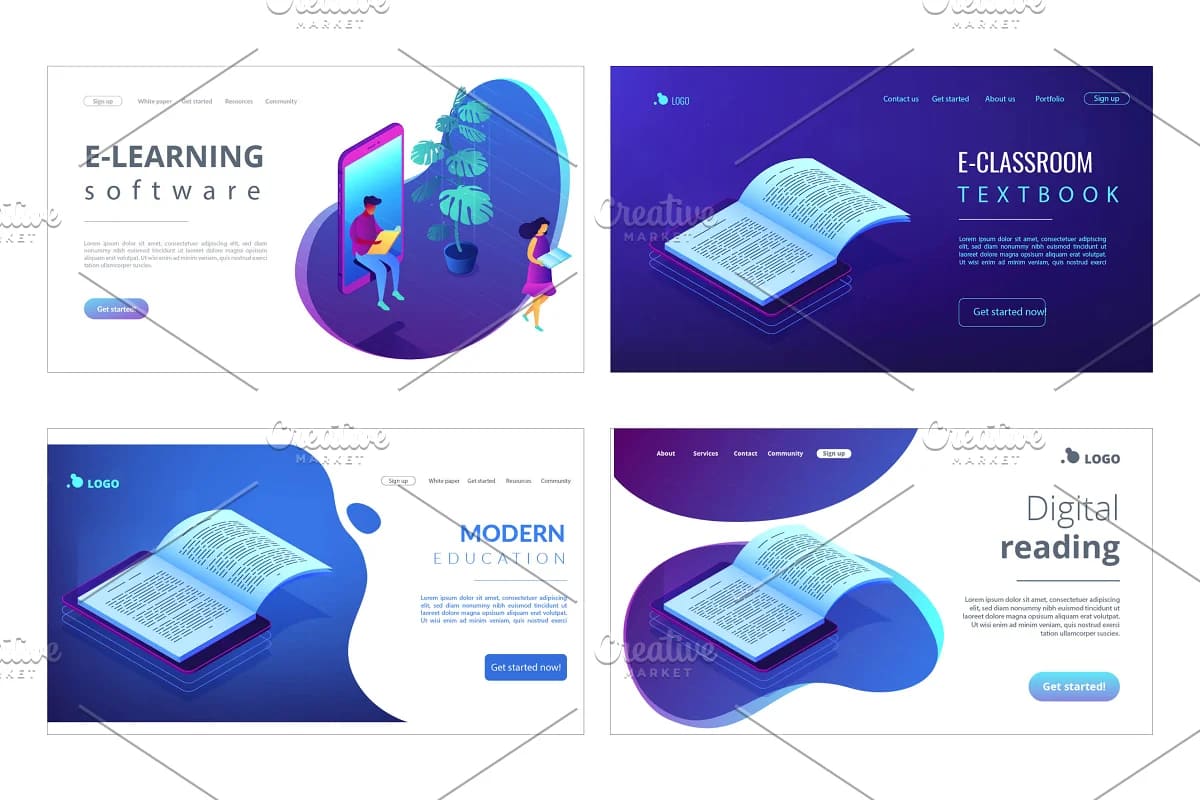 education isometric landing pages, easy to reorganize objects.