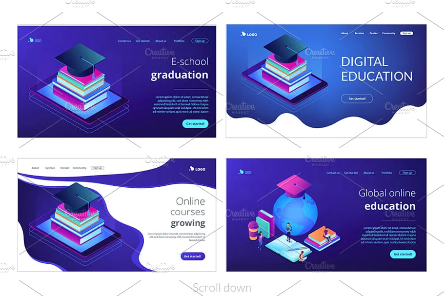 education isometric landing pages, trending color schemes.