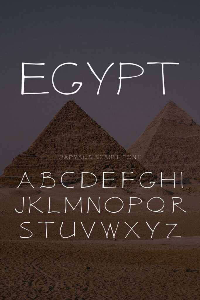 Egypt papyrus script font Pinterest collage image with alphabet.