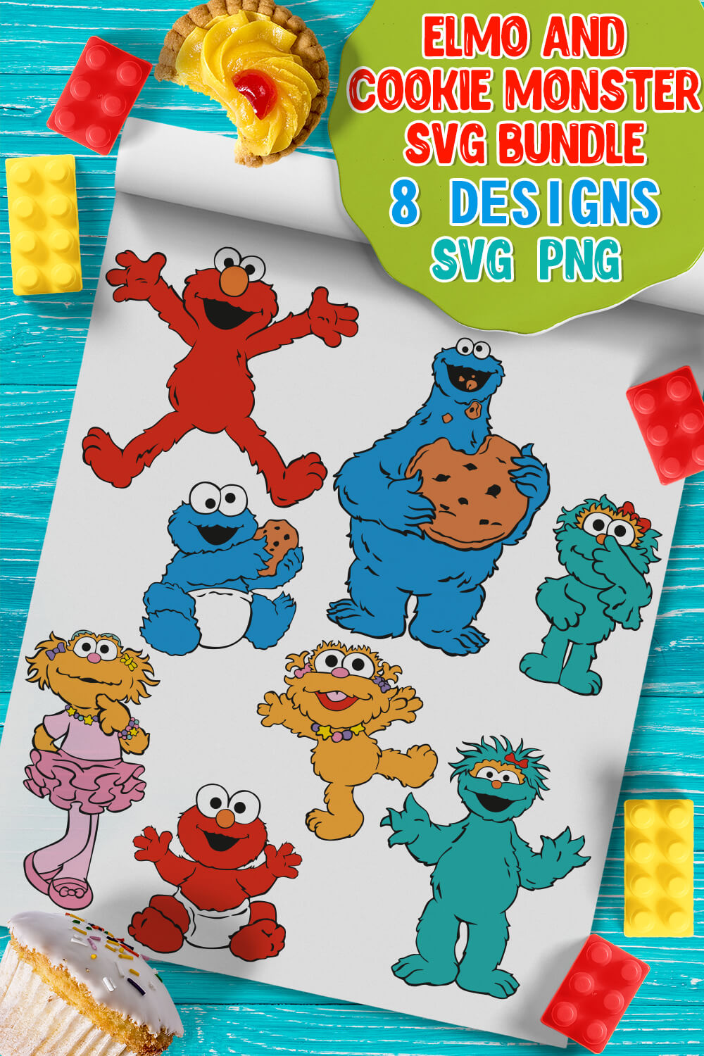 Elmo and Cookie Monster: 8 Designs.