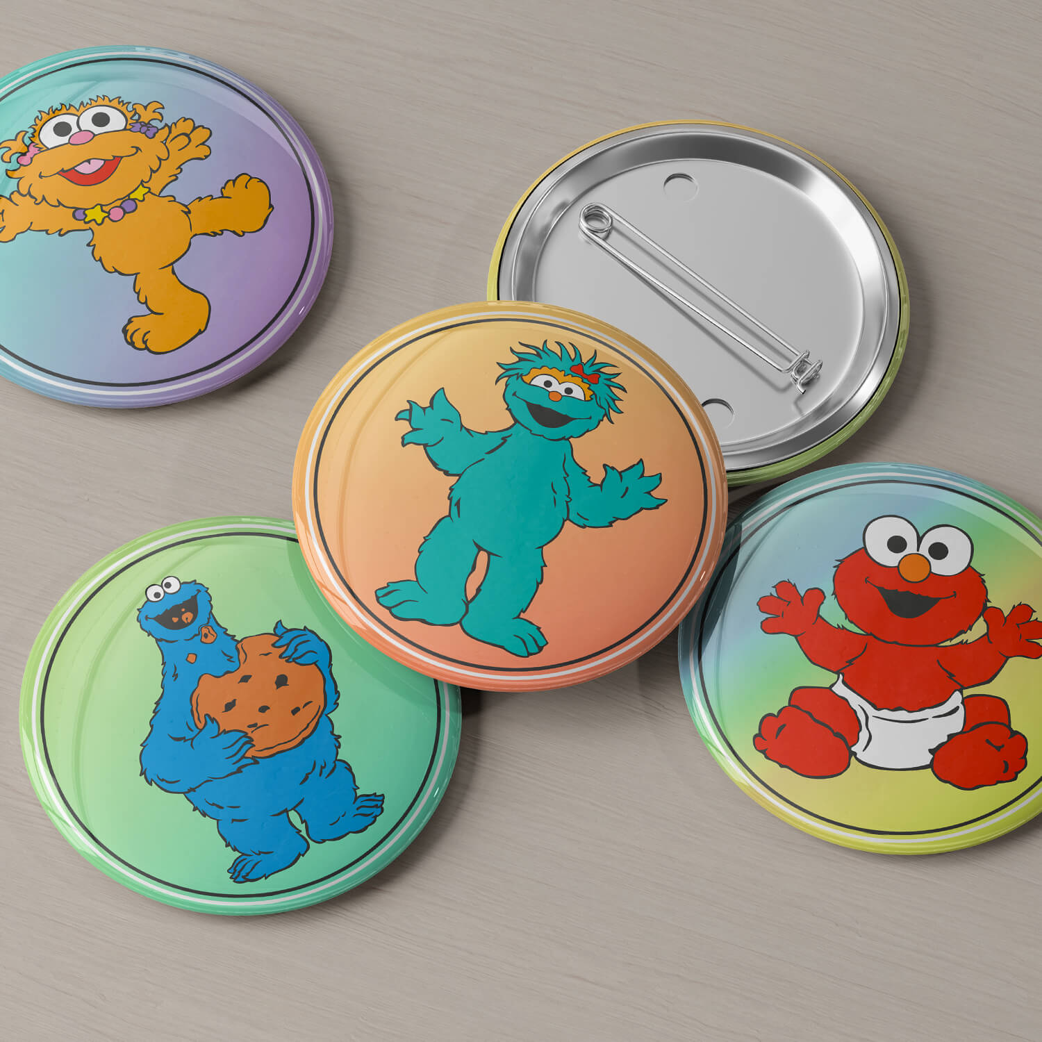 Elmo and Cookie Monster on badges.