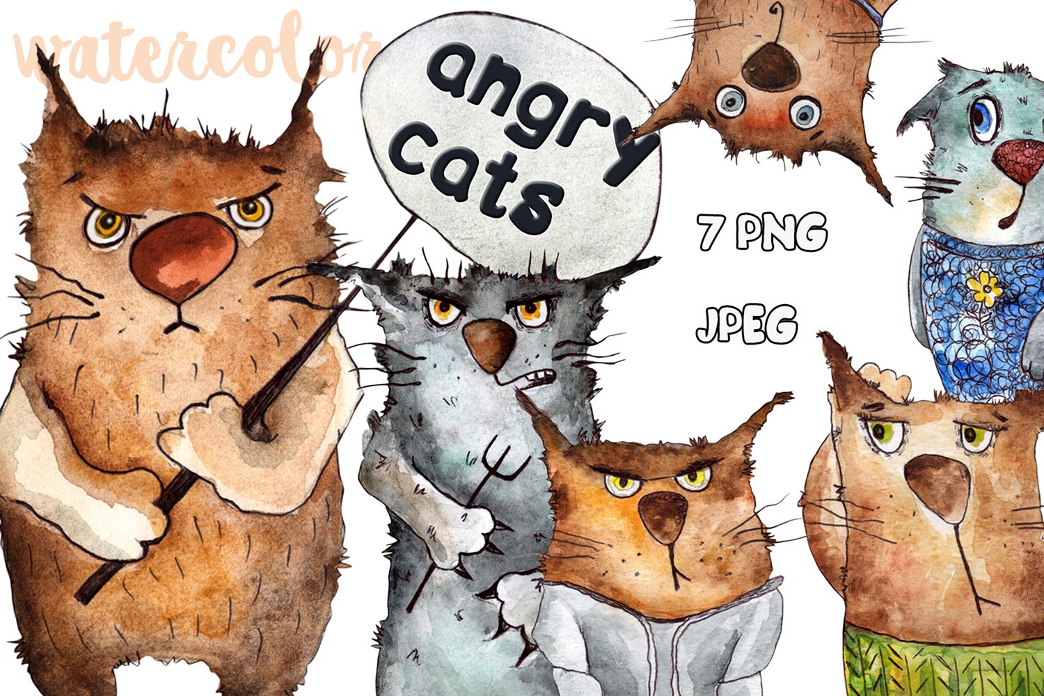 emotional cats clipart watercolors angry cats