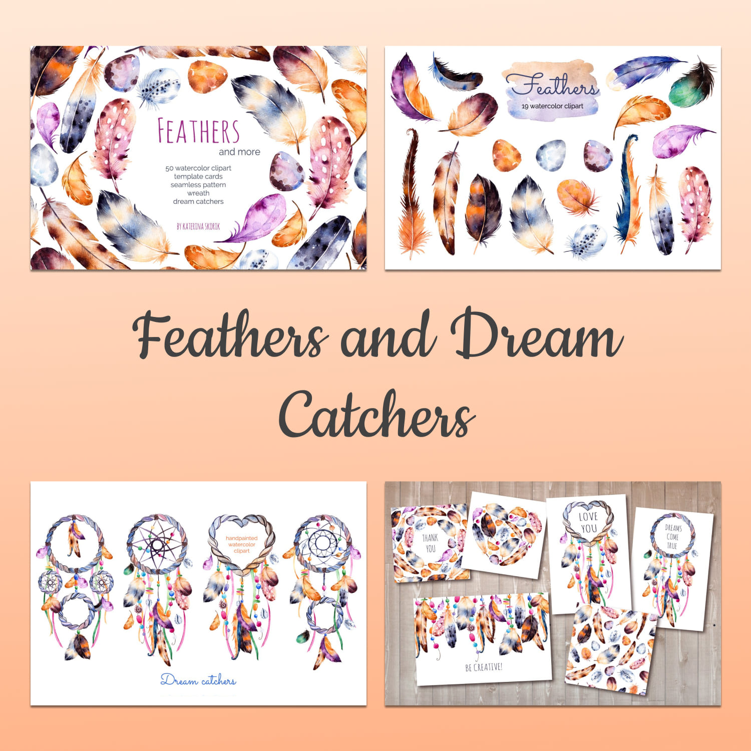 Feathers And Dream Catchers Watercolor Clipart cover image.