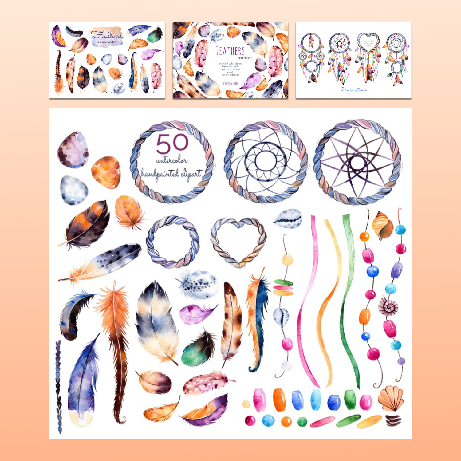 Feathers And Dream Catchers Watercolor Clipart preview image.