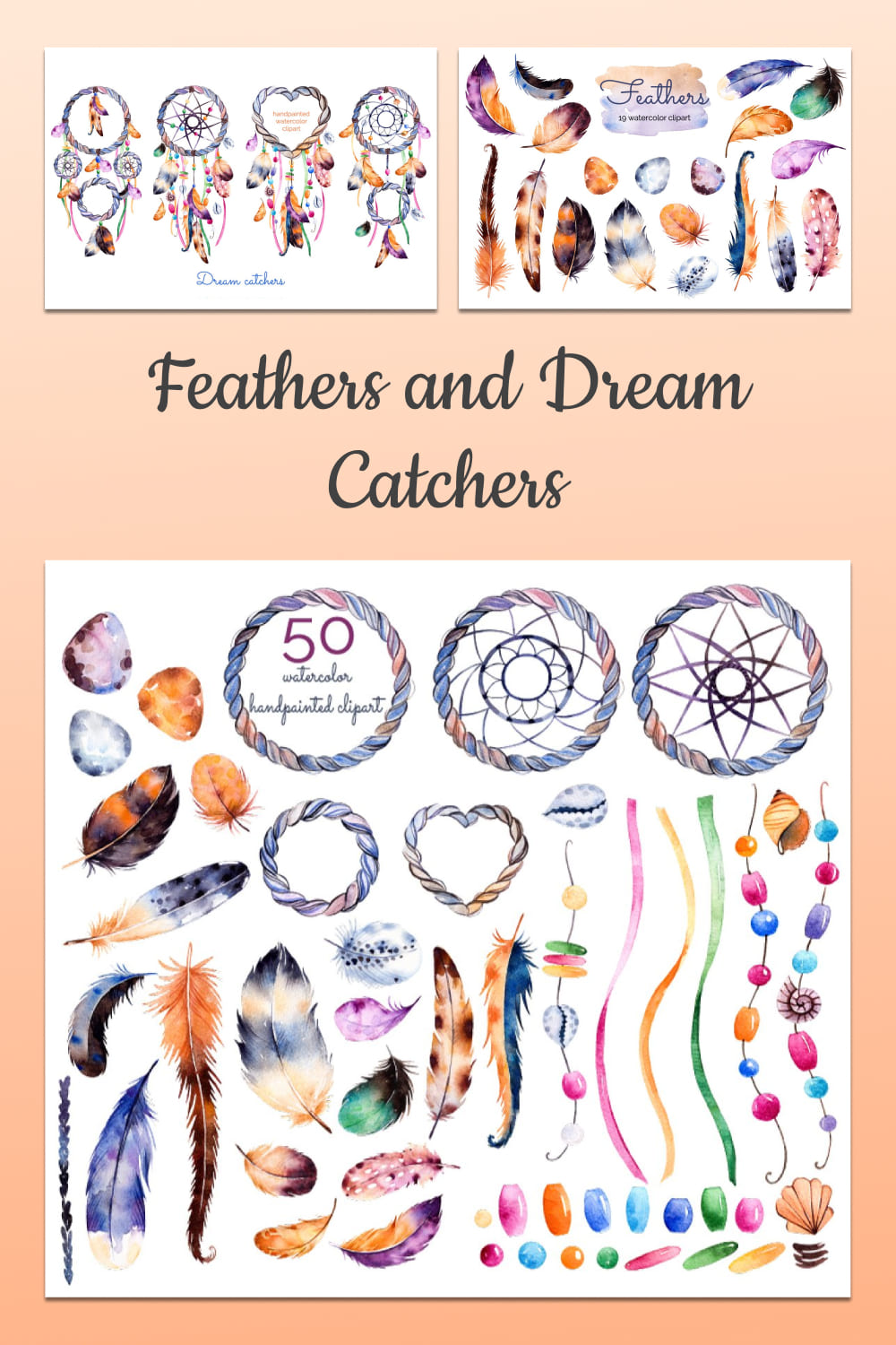 Feathers And Dream Catchers Watercolor Clipart pinterest image.