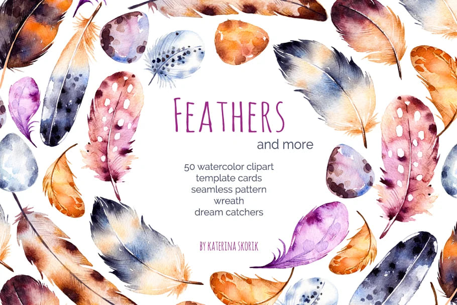 feathers and dream catchers watercolor graphics.