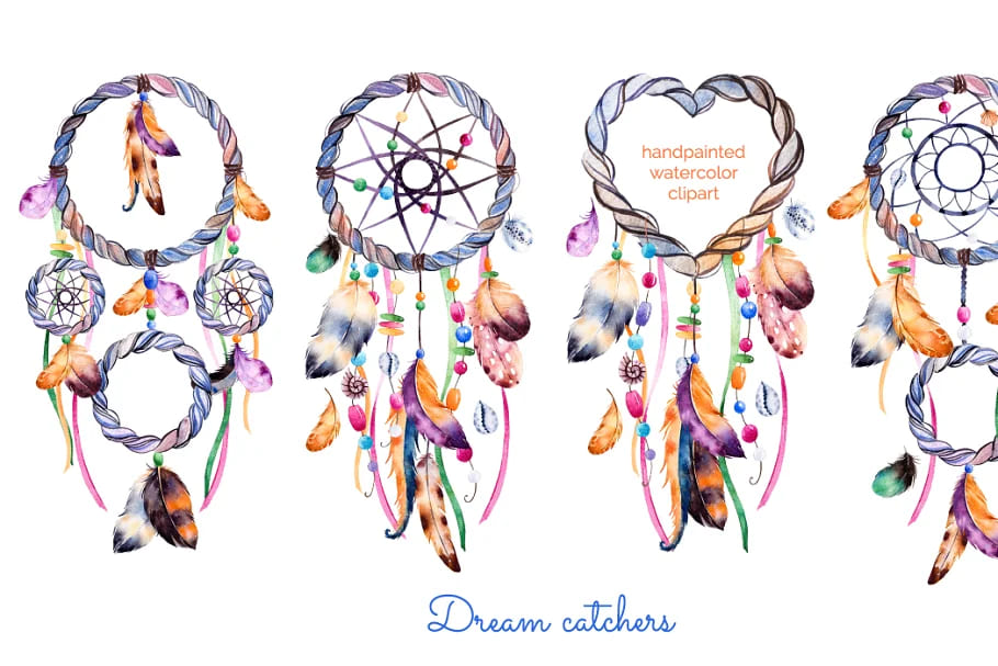 feathers and dream catchers handpainted drream catchers clipart.
