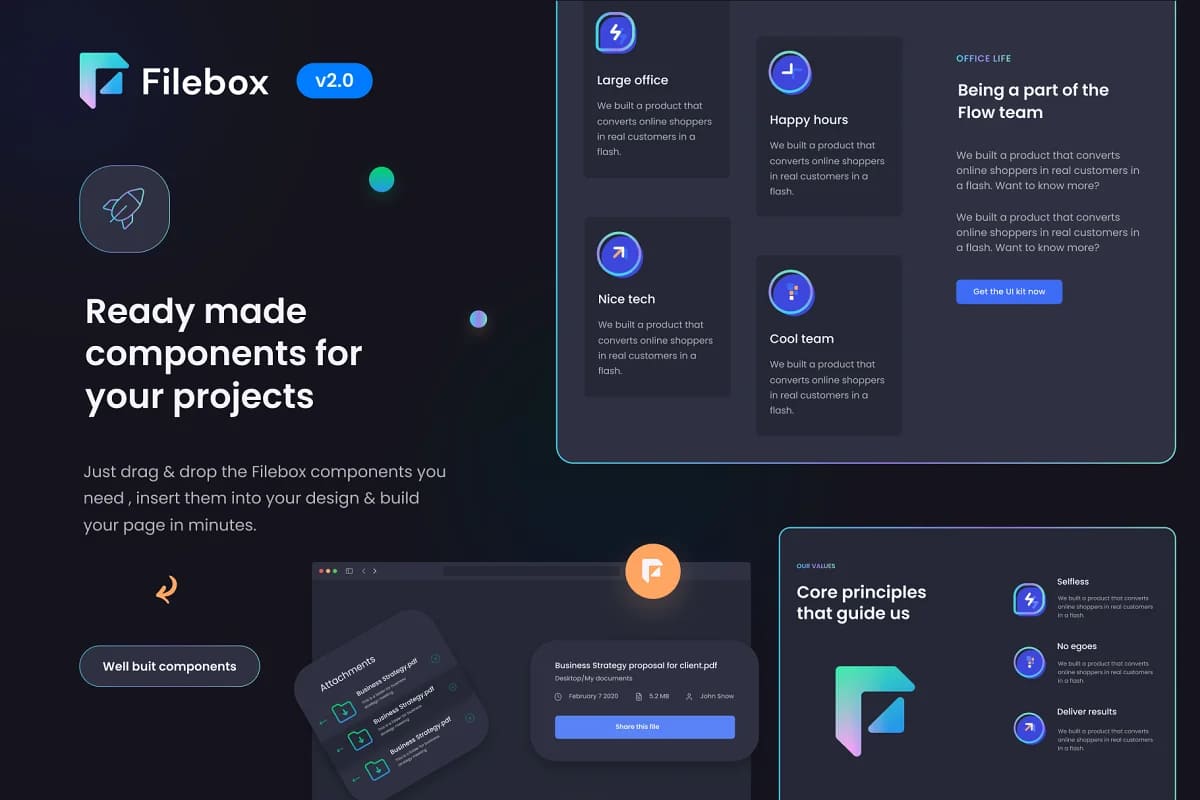 filebox saas landing page kit, ready-made components.