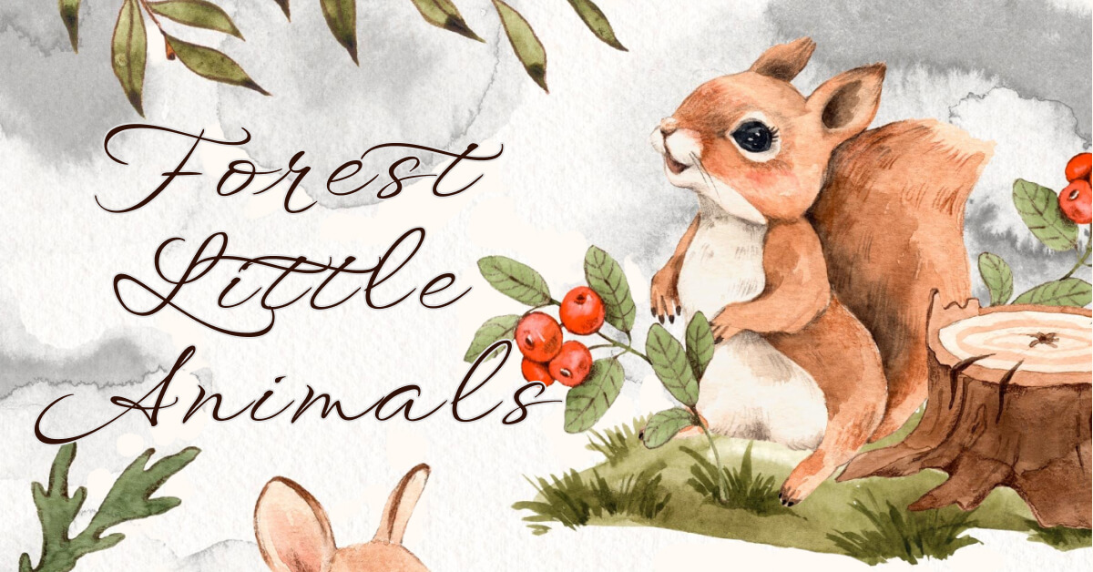 Little squirrel in the forest painted in watercolor.